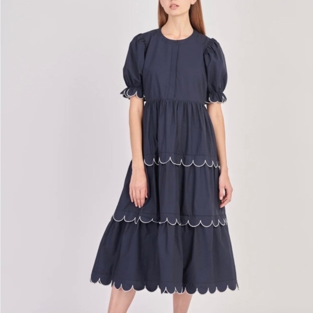 English Factory Navy Tiered Midi Dress